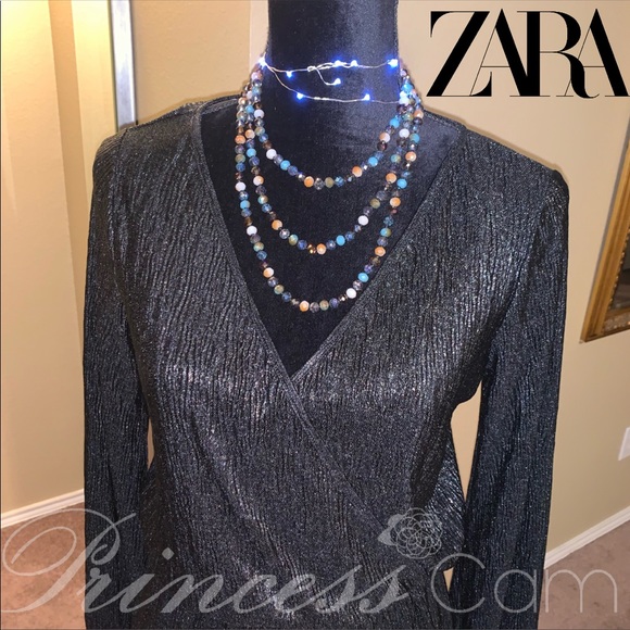 🆕 Zara Black Metallic Surplice Mini Dress Sz M - Picture 3 of 8